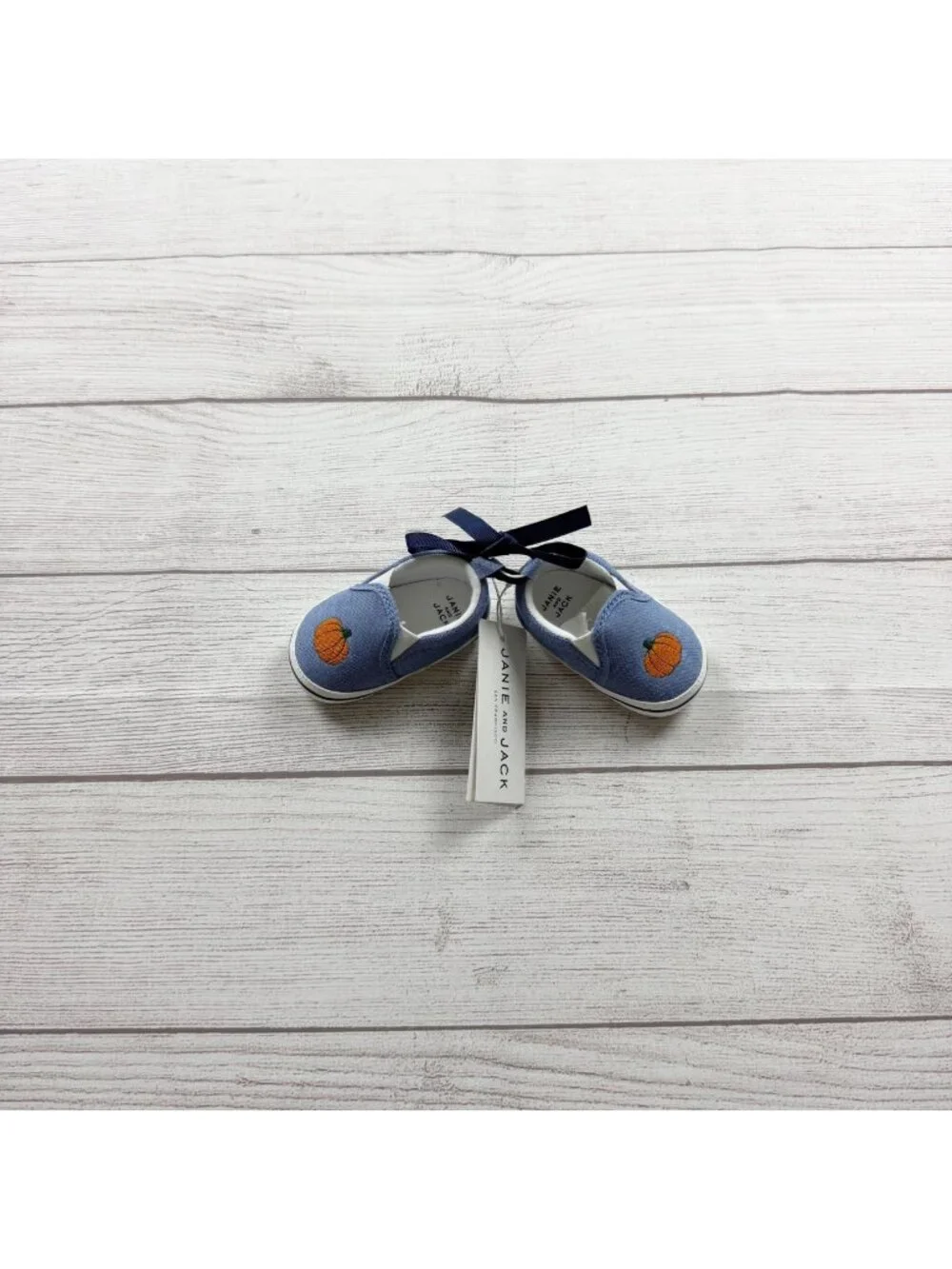 Janie And Jack Pumpkin Embroidered Blue Slip On Baby Shoes NWT 0-3 Months